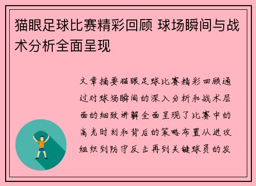 猫眼足球比赛精彩回顾 球场瞬间与战术分析全面呈现