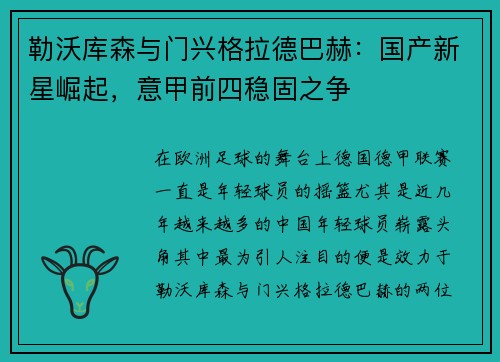 勒沃库森与门兴格拉德巴赫：国产新星崛起，意甲前四稳固之争